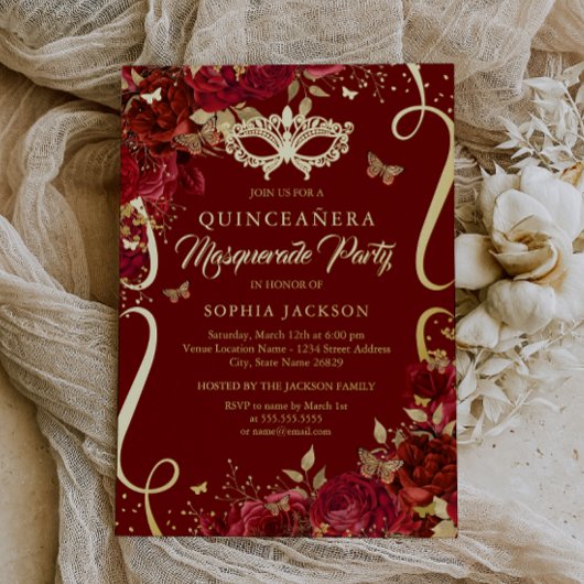 Invitation En Aluminium Mascarade Papillon Royal Rouge Quinceanera