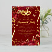 Invitation En Aluminium Mascarade Papillon Royal Rouge Quinceanera (Debout devant)