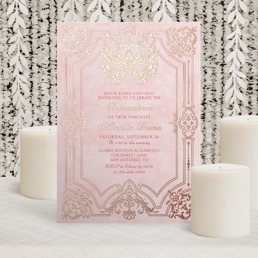 Invitation En Aluminium Mascarade rose élégant Quinceanera
