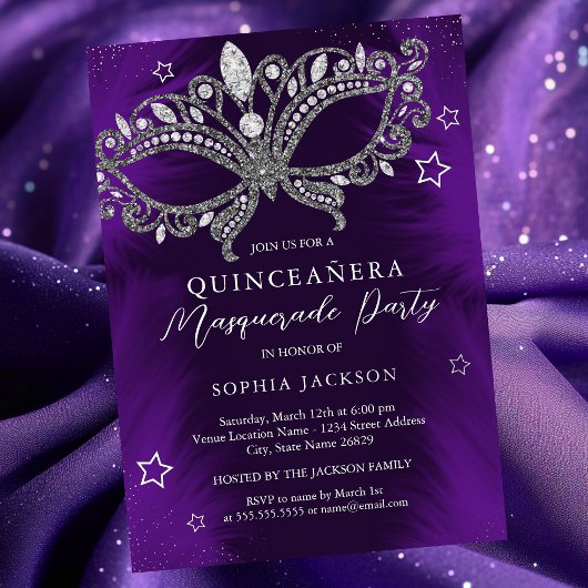 Invitation En Aluminium Mascarade violet argent Star Quinceanera