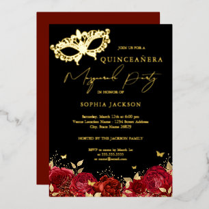 Invitation En Aluminium Masque de soirée rouge or rose Quinceanera