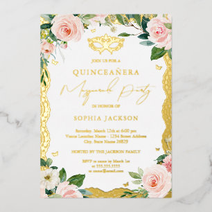 Invitation En Aluminium Masquerade de dentelle d'or Blush Floral Quinceane