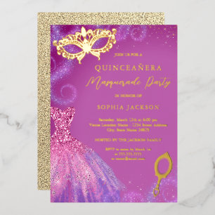 Invitation En Aluminium Masquerade fête rose violet robe Quinceanera