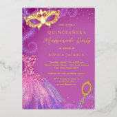 Invitation En Aluminium Masquerade fête rose violet robe Quinceanera (Recto)