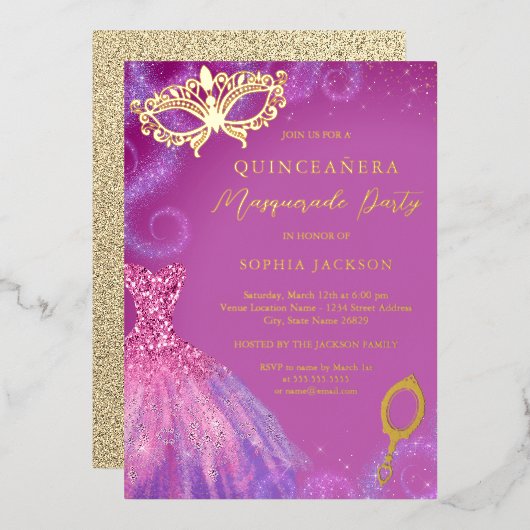 Invitation En Aluminium Masquerade fête rose violet robe Quinceanera (Recto/Verso)