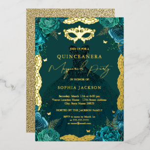 Invitation En Aluminium Masquerade fête Turquoise robe florale Quinceanera