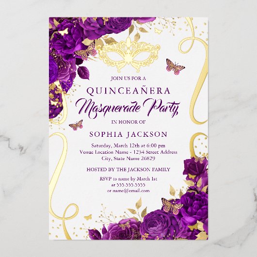 Invitation En Aluminium Masquerade Papillon Or violet Quinceanera (Recto)
