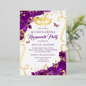 Invitation En Aluminium Masquerade Papillon Or violet Quinceanera (Debout devant)