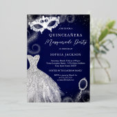 Invitation En Aluminium Masquerade Party Marine Robe en argent Quinceanera (Debout devant)