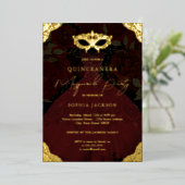 Invitation En Aluminium Masquerade Party Rouge or Masque Robe Quinceanera (Debout devant)