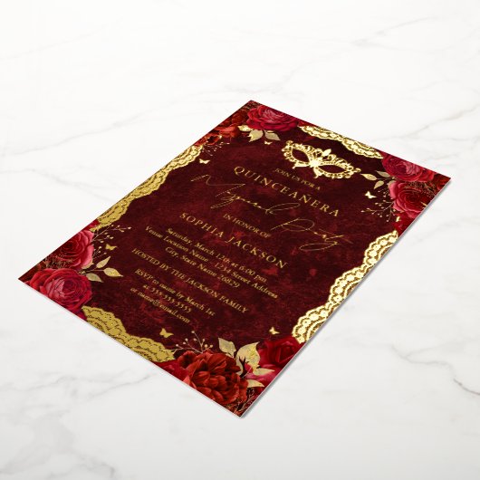 Invitation En Aluminium Masquerade Party Rouge Rose dentelle Quinceanera (Rotation)