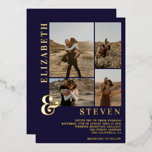 Invitation En Aluminium Matrice bleue marine 4 grille photo or mariage