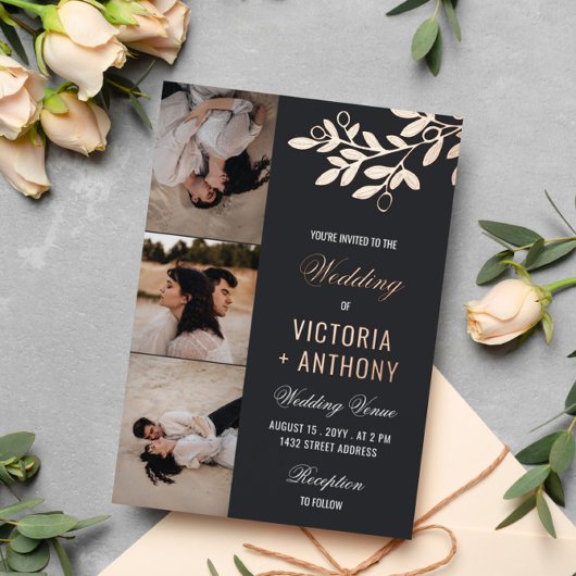 Invitation En Aluminium Matte Black Rose Gold Berry Twig 3 Photos Mariage