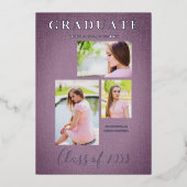 Invitation En Aluminium Mauve 3 Photos Collage Graduation Effet textile (Recto)
