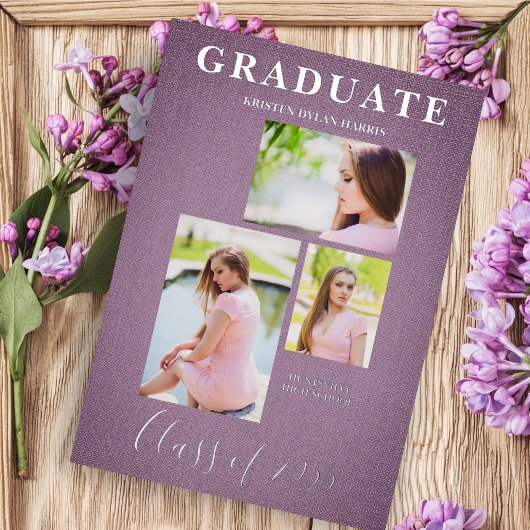 Invitation En Aluminium Mauve 3 Photos Collage Graduation Effet textile