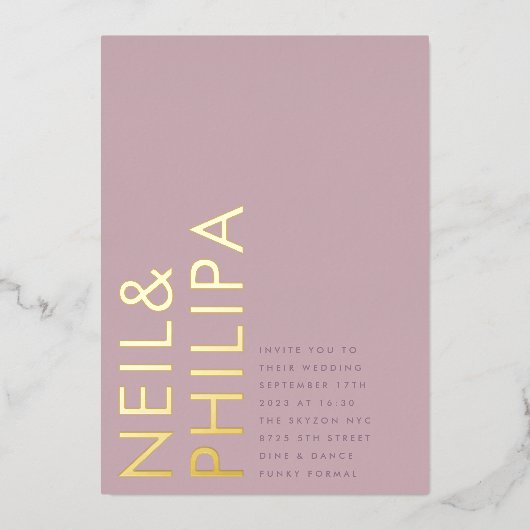Invitation En Aluminium Mauve Purple Lilac NOMS Modernes Simple Mariage (Recto)