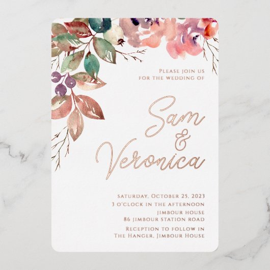Invitation En Aluminium Mauve romantique Aquarelle Rose or (Recto)