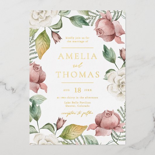 Invitation En Aluminium Mauve rose et blanc Roses Floral Mariage Wreath (Recto)