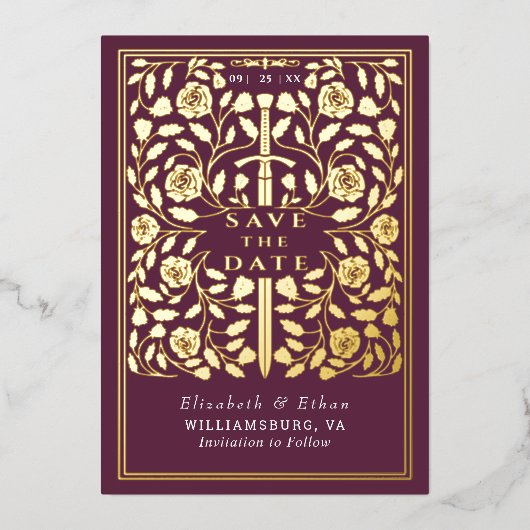 Invitation En Aluminium Mauve Royal Médiéval Mariage d'épée Enregistrer la (Recto)