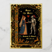 Invitation En Aluminium Medieval Knight and Lady Manuscript Save the Date (Recto)