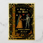 Invitation En Aluminium Medieval Knight and Lady Manuscript Save the Date (Recto)
