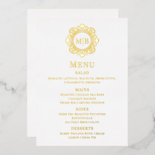 Invitation En Aluminium Menu de mariage à monogramme floral en or véritabl