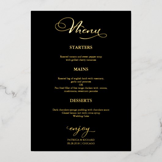 Invitation En Aluminium Menu mariage Simple Elegant Black Gold (Recto)