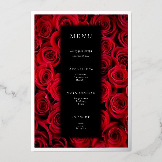 Invitation En Aluminium Menus de mariage luxe Noir Faux Argent Roses Rouge (Recto)