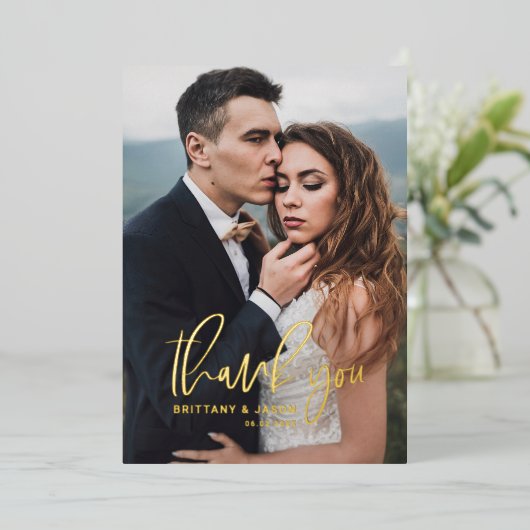 Invitation En Aluminium Merci photo Mariage de script lettres main (Debout devant)