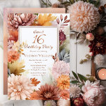 Invitation En Aluminium Mères | Peonies Floral Sweet 16 Anniversaire<br><div class="desc">Chrysanthèmes élégants et pivoines design floral "Sweet 16 Birthday Party" avec cadre fleuri de mamans et de fleurs de pivoines en bordeaux, orange brûlé, abricot et rose sur un panneau central arrière - plan blanc. Beau texte rose or réel feuille d'or. La conception du dos comprend un arrière - plan...</div>
