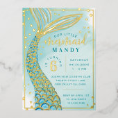 Invitation En Aluminium Mermaid Tail Under the Sea Aqua & Gold Birthday (Recto)