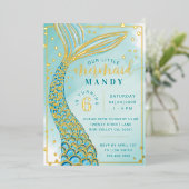 Invitation En Aluminium Mermaid Tail Under the Sea Aqua & Gold Birthday (Debout devant)