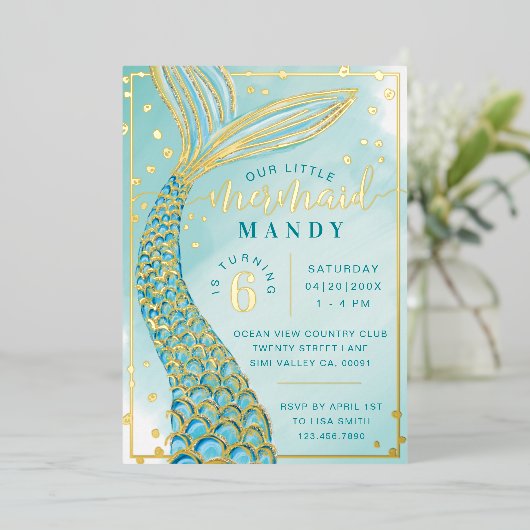 Invitation En Aluminium Mermaid Tail Under the Sea Aqua & Gold Birthday (Debout devant)