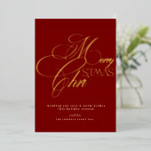 Invitation En Aluminium Merry Christmas Gold Script Red Minimal Holiday  (Debout devant)