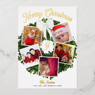 Invitation En Aluminium Merry Christmas Wreath 5 Photo Personnalisée, Or