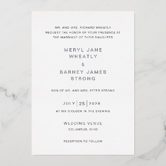 Invitation En Aluminium Meryl Elegant Mariage moderne (Recto)