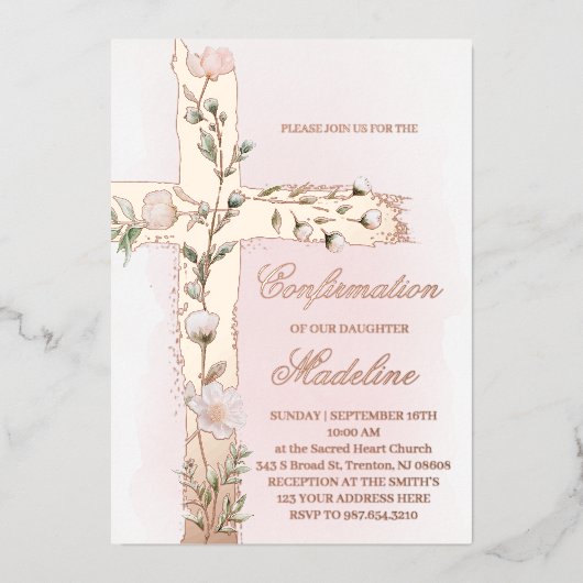Invitation En Aluminium metallic floral Holy cross Confirmation (Recto)