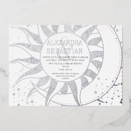 Invitation En Aluminium Midnight Stars Moon Sun Celestin Mariage Argent (Recto)