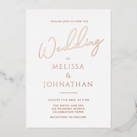 Invitation En Aluminium Mini Rose Gold Foil Script Mariage élégant (Recto)