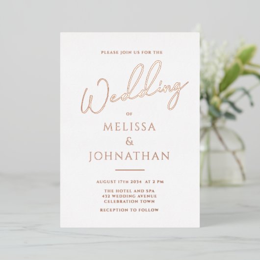 Invitation En Aluminium Mini Rose Gold Foil Script Mariage élégant (Debout devant)