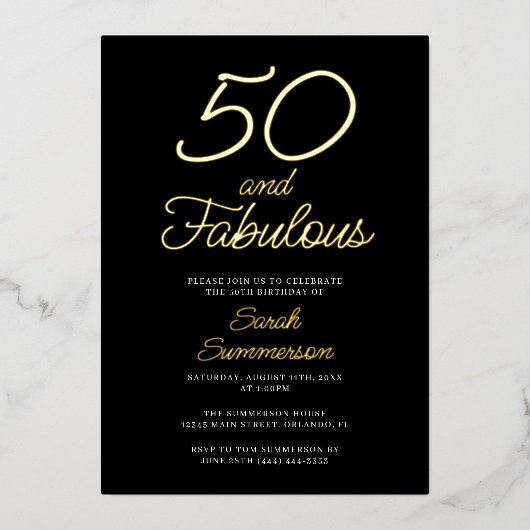 Invitation En Aluminium Minimal Fifty Fabulous Black 50th Birthday Party (Recto)