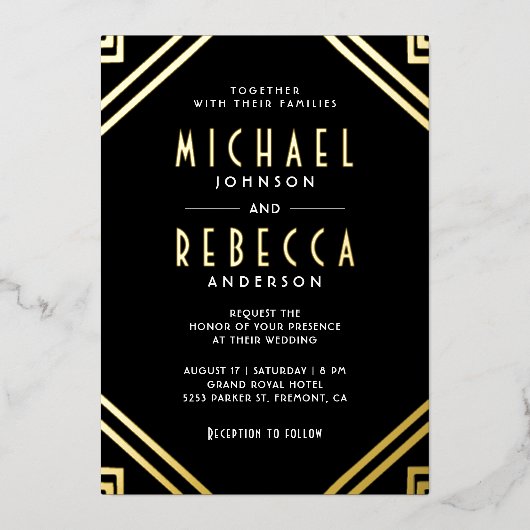 Invitation En Aluminium Minimal géométrique Art Déco Mariage Black Gold (Recto)