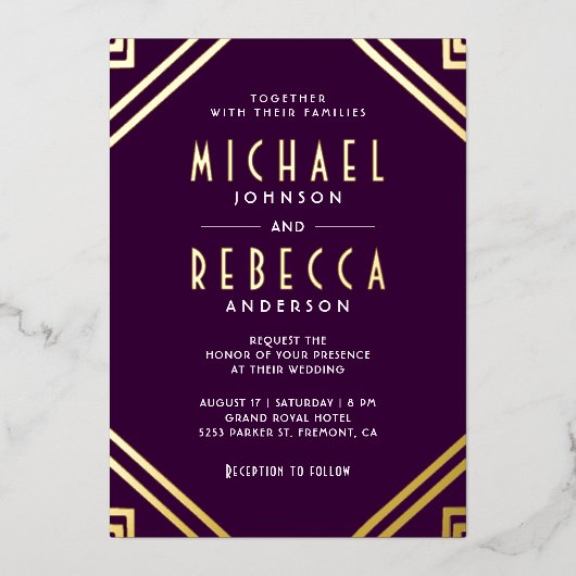 Invitation En Aluminium Minimal géométrique Art Déco Mariage Purple Gold (Recto)