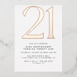 Invitation En Aluminium Minimal moderne | Blanc & Rose Gold 21e anniversai<br><div class="desc">Invitations minimalistes de 21ème anniversaire avec un grand cap "50" en véritable feuille métallique. Les détails de votre événement sont imprimés ci-dessous en noir mat. L'or rose est accentué par un arrière - plan blanc.</div>