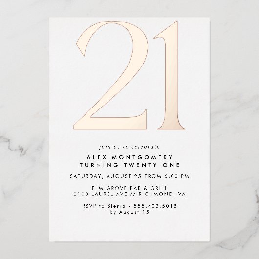 Invitation En Aluminium Minimal moderne | Blanc & Rose Gold 21e anniversai (Recto)