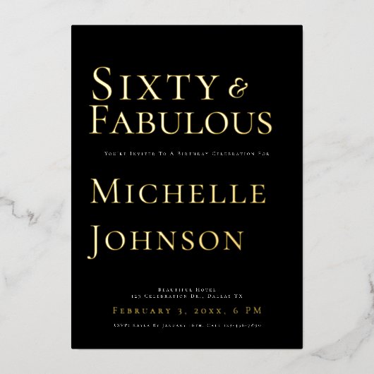 Invitation En Aluminium Minimalist Black 60 & Fabulous Birthday Party (Recto)