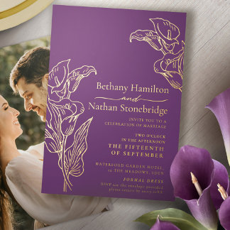 Invitation En Aluminium Minimalist calla lily art wedding purple gold