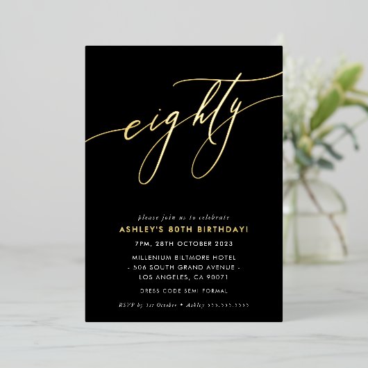Invitation En Aluminium MINIMALIST Calligraphie chic 80e anniversaire or F (Debout devant)