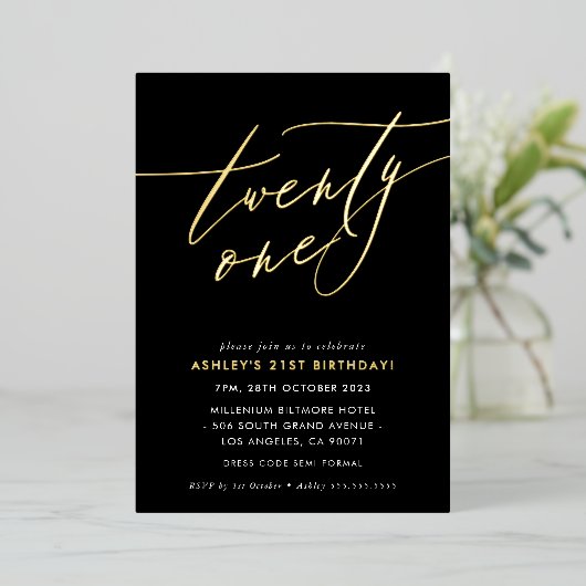 Invitation En Aluminium MINIMALIST Calligraphie chic or 21e anniversaire F (Debout devant)