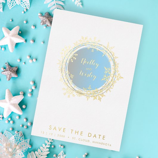 Invitation En Aluminium Minimalist Golden & Blue Snowflake Winter 